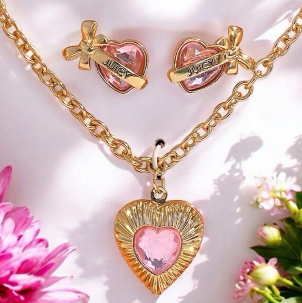 Juicy Couture Gold Necklace with Pink Heart Pendant + Matching Earrings